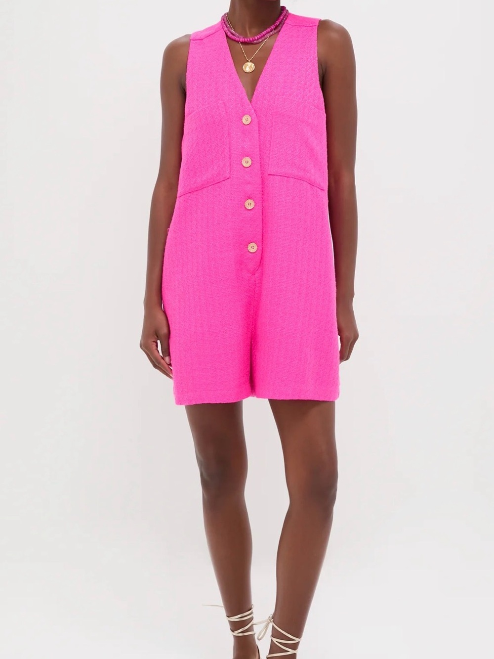 Tuckernuck Hot Pink Tweed Sleeveless Mini romper Gold Buttons Size S